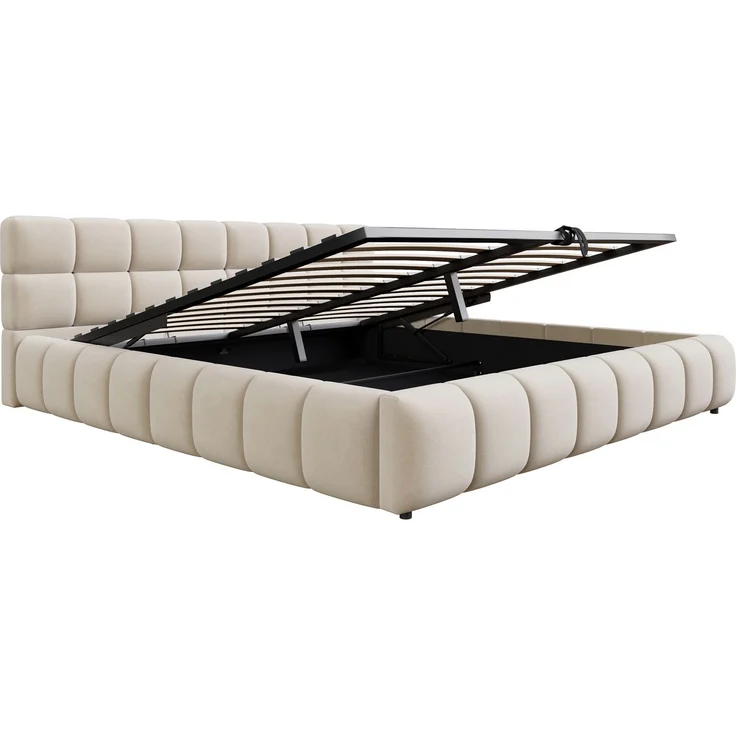 Merax Polsterbett 180 x 200 cm Doppelbett, Mit Lichtleiste, Kopfteil und Bettseiten mit voluminöser, Solider Formgebung, Ausgestattet mit hydraulischer Staufunktion, Samt, Beige – Bild 7