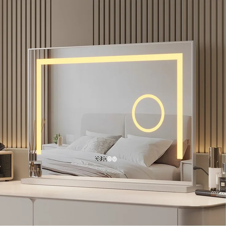AQUABATOS Schminkspiegel Hollywood Spiegel Kosmetikspiegel mit Beleuchtung und Vergrößerung (80 x 60cm 70x50cm, Digital Uhr, 3 Lichtfarben, Dimmfunktion, mit deutscher Stecker)