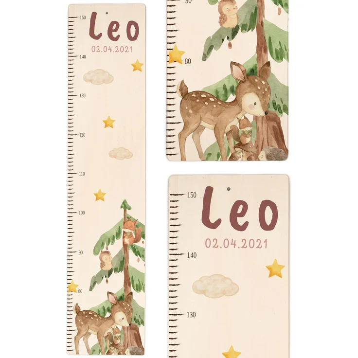 Kidsmood - Personalisierte Messlatte Kinder aus Aluverbund – Hochwertige Messleiste & Wand-Deko für Kinderzimmer mit liebevollem Reh im Wald – Tolles Taufgeschenk für Mädchen & Jungen (65-140cm)