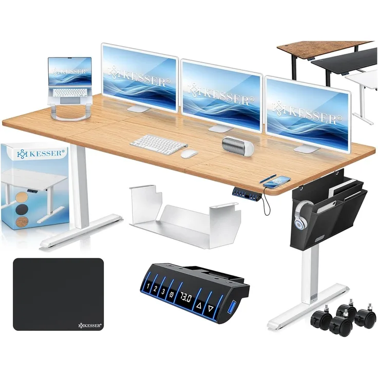 KESSER® Höhenverstellbarer Schreibtisch elektrisch | Ergonomisch Steh-Sitz Schreibtisch | 3-Funktions-Memory Steuerung | Inkl. 360° Rollen & USB-Ladeanschluss | Computertisch für Homeoffice Beige, 180 x 80 cm