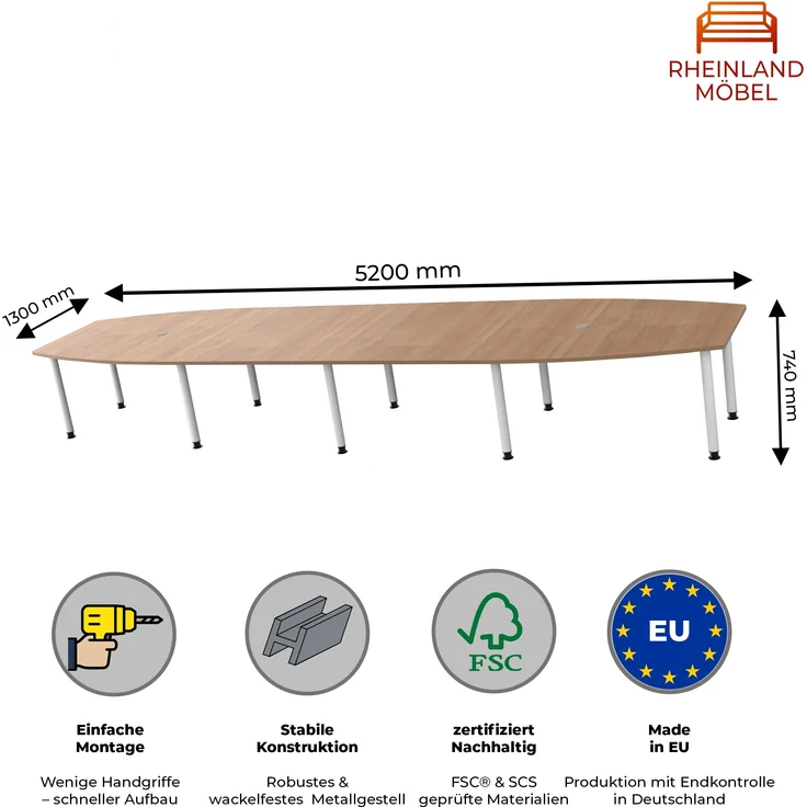 Rheinland Möbel Konferenztisch KONTI 520x130 cm – ovaler Besprechungstisch in Nussbaum mit weißen Rundrohrfüßen & 2 Kabelauslässen, erweiterbarer Meetingtisch für 16–18 Personen, moderner XXL-Tisch fürs Büro – Bild 3