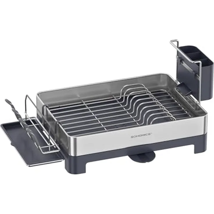 SONGMICS Abtropfgestell, Geschirr-Abtropfständer Edelstahl, drehbarer Auslauf, Abtropfschale, Tassenhalter, fingerabdruckresistent, für Küche, 31,7 x 57,2 cm, silbern-grau KCS030E01V1
