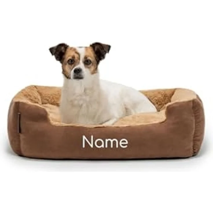 lionto Hundebett mit Wendekissen und Rutschfester Unterseite, Heimtierkissen mit tiefem Einstieg für Hunde und Katzen jeden Alters, 60x48 cm, kuscheliges Hundekissen, braun/beige (Namensaufdruck) – Bild 1