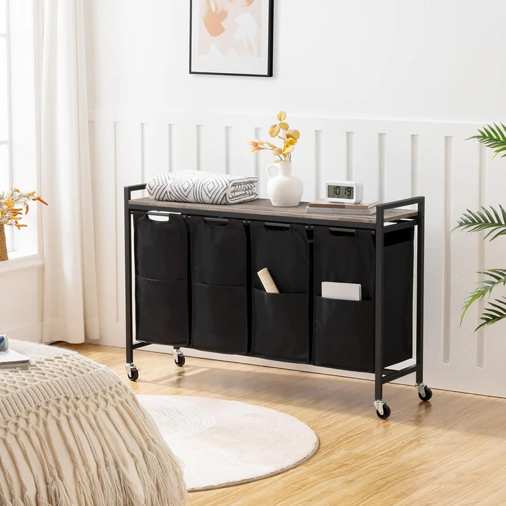 Wäschekorb mit Ablage und Rollen, 4 x 39,8 L, Oxford-Gewebe, Abnehmbar Greige – Bild 4