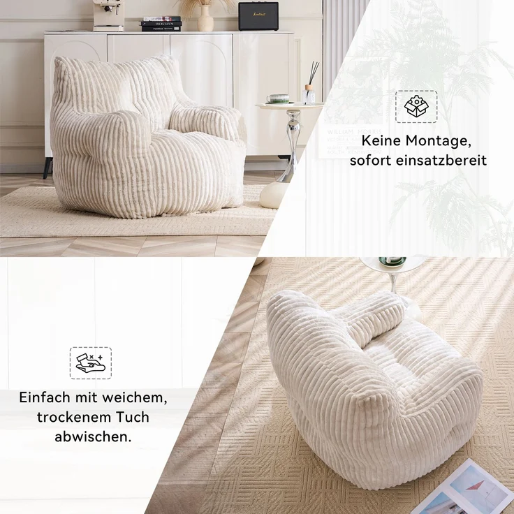 Sitzsack B 94 x T 100 x H 70 cm, beiger Cord mit Memory-Schaumstoff-Flocken, 1 Stück – Bild 9