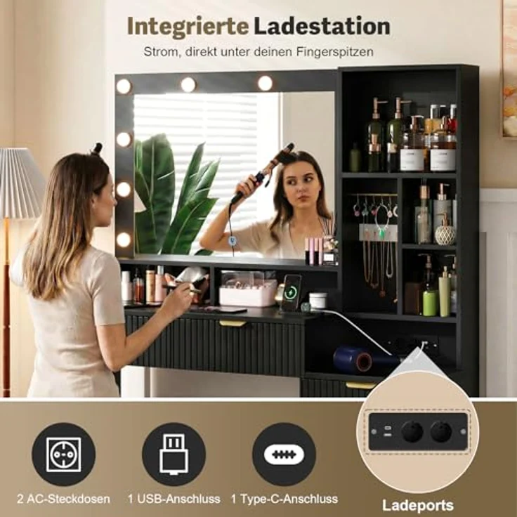 JUMMICO 114cm Großer Schminktisch mit großem Spiegel und LED-Leuchten, Schminktisch mit 5 Schubladen, 7 offene Regale, 7 Häkchen, Kosmetiktisch für Mädchen, Frauen und Schlafzimmer, Obsidianschwarz – Bild 4