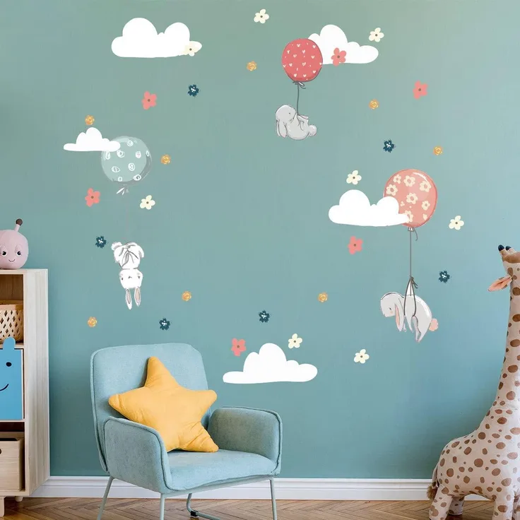 Wandsticker Kinder Dekoration Babyzimmer Wandtattoo Kinderzimmer Wandaufkleber Wandsticker Kinderzimmer Sticker lustige Hasen und fliegende Luftballons H60 x 90 cm