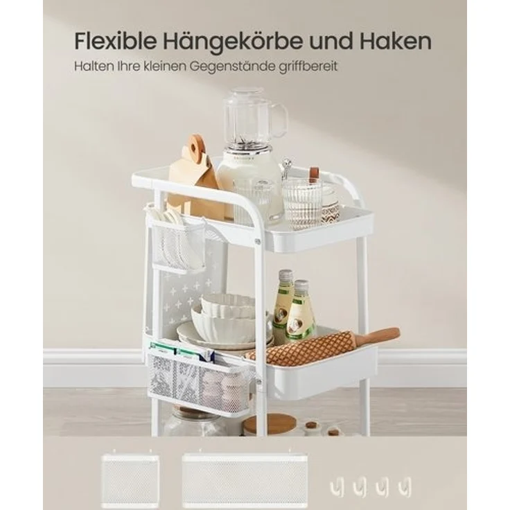 SONGMICS Rollwagen, Küchenwagen, 3 Metallgitterablagen, Servierwagen, 2 abnehmbare Lochplatten, 2 Hängekörbe, 4 Haken, für Büro, Küche, Wohnzimmer, Badezimmer – Bild 5