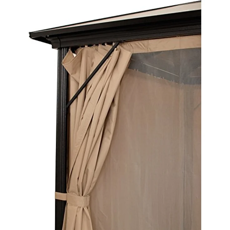 DEGAMO Pavillon Montreal 3x3 Meter, schwarzes Aluminiumgestell, Dach aus braun getönten Polycarbonatplatten, mit beigen Seitenteilen und Moskitonetz – Bild 5