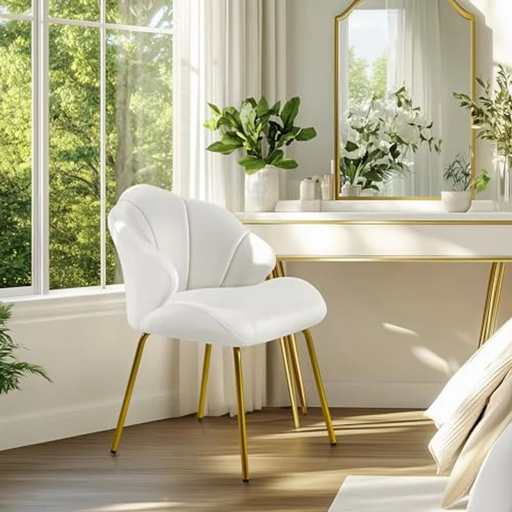 Yaheetech Sessel Loungesessel in Muschelform, Ohrensessel modern, Polsterstuhl mit Metallbeinen, Polyester, für Wohnzimmer/Schminktisch/Schlafzimmer, Weiß – Bild 3