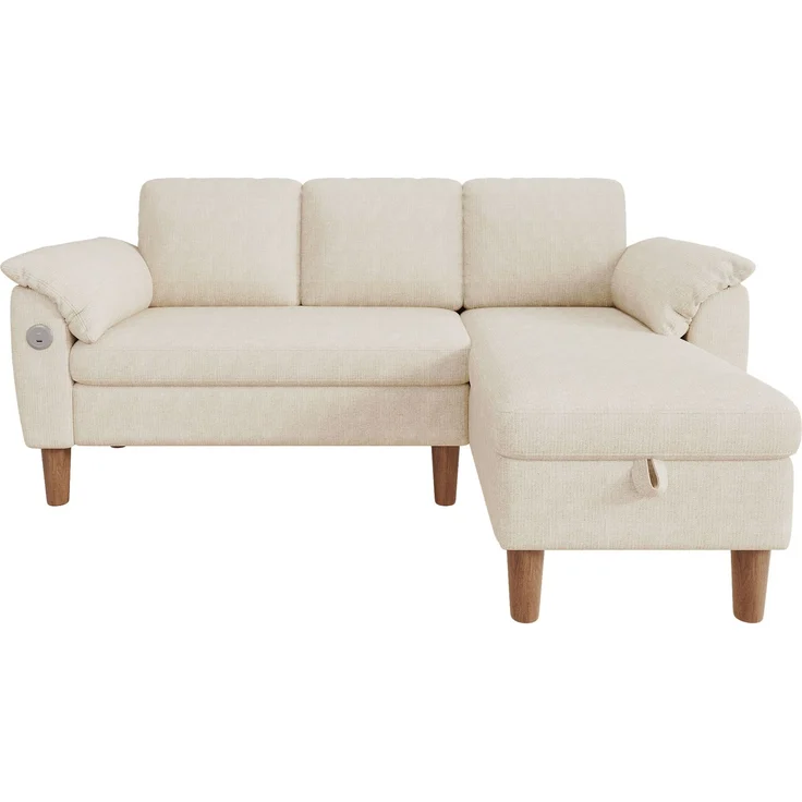Merax L-förmiges Ecksofa, 3-Sitzer Sofa mit Stauraum-Chaiselongue, links/rechts montierbar, USB/Type-C-Ladeanschluss, Seitentasche, 2 halbfeste Armlehnenkissen, Chenille Stoff, Beige – Bild 9