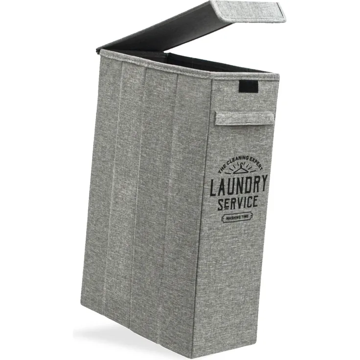 DuneDesign 50L Wäschekorb mit Deckel, Wäschesammler Schmal Grau mit Druck, 20 x 40 x 60 cm