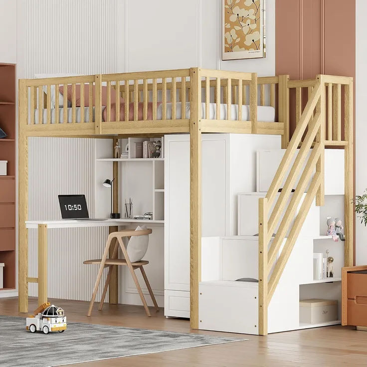 Odikalo Jugendbett Kinderbett Hochbett Kleiderschrank Regal Tisch Treppe 90x200cm