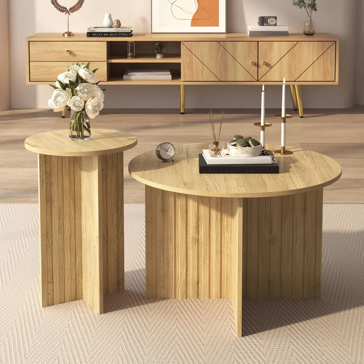 Abrihome 2er Runde Couchtische & Kaffeetische, Braun, 50x31x76 cm – Bild 2