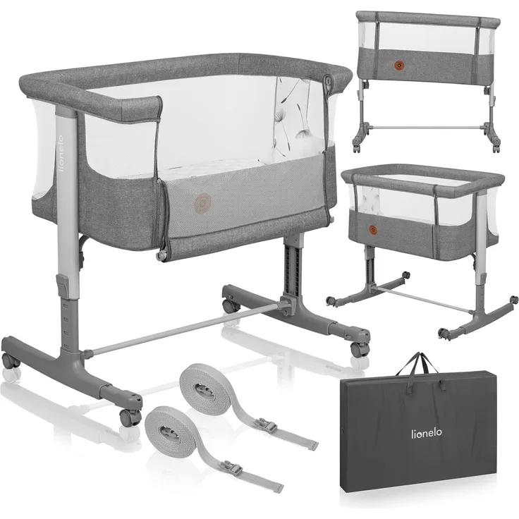 lionelo Aurora 3in1 Baby Nachttisch Co-Sleep für Babys ab Geburt bis 9 kg, verstellbare Höhe & Neigung, Matratze, 4 feststellbare Räder, atmungsaktive Mesh-Einsätze, tragbar, waschbar, Tragetasche,