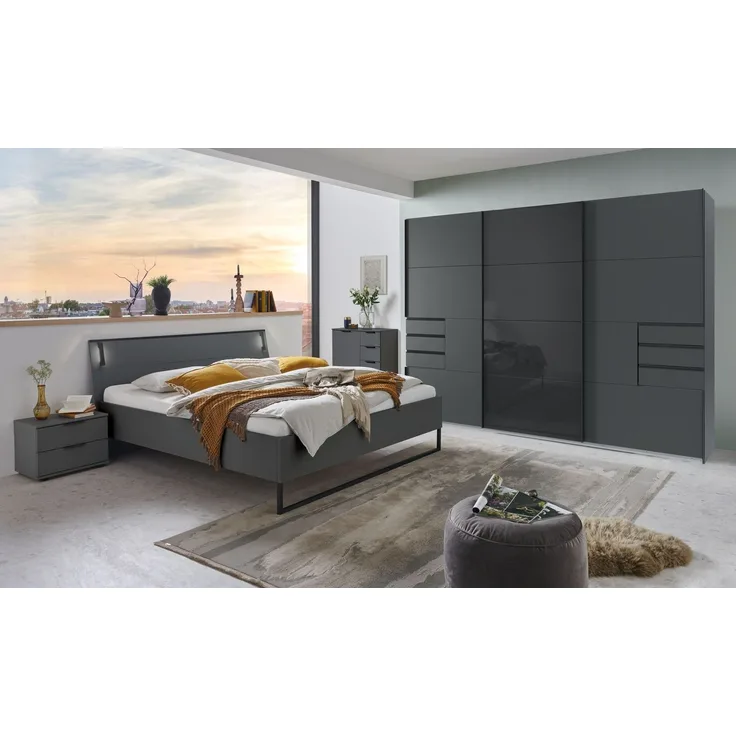 Schlafzimmer-Set >Tilburg< (5tlg.) Bett 168x92x210cm, Schrank, 2 Nachtkommoden, Kommode, Grafit