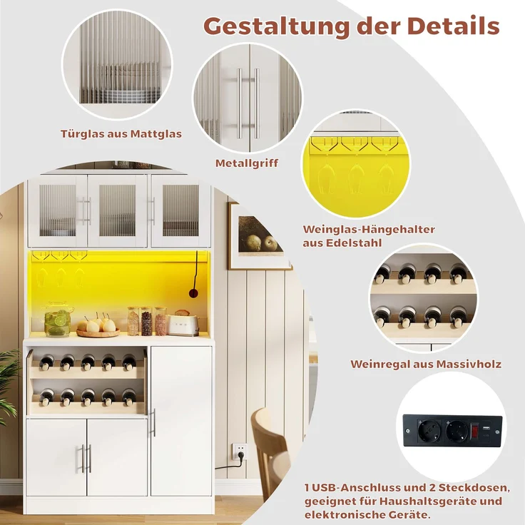 Kitchen Pantry Cabinet, Weißer Küchenschrank mit RGB-LED und Steckdose, Hoher Vorratsschrank mit Weinglashalter & Weinregal, Moderner Küchenschrank mit Glasfronten, 100x40x180 cm--Weiß--100x40x180cm--YOUDENOVA – Bild 6