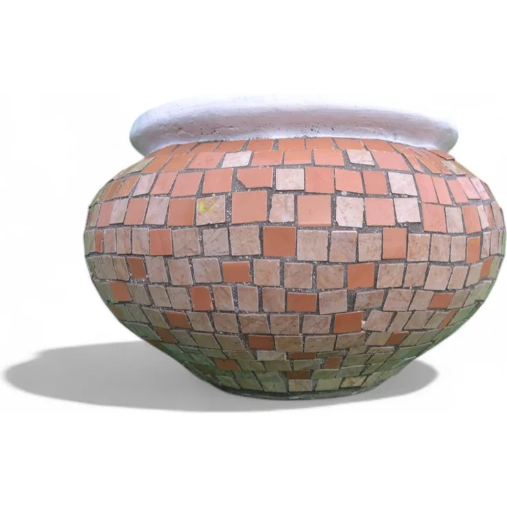 Pflanzgefäß Hortensie M– Quadratischen Mosaikdesign Hell Braun – Höhe 30 cm – Ø 40 cm – Handgefertigt aus Beton & Keramik-Mosaik