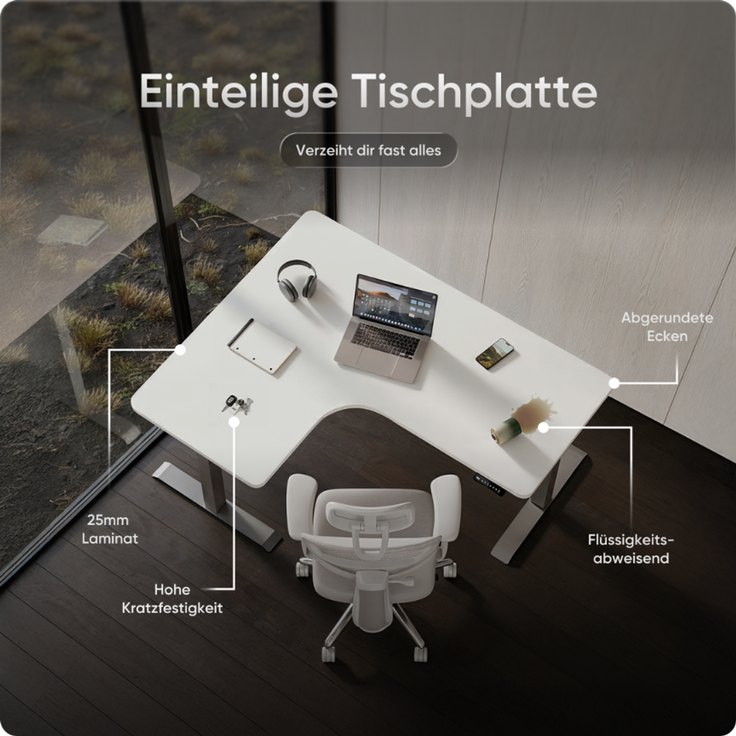 DESKSPACE CORNER Schreibtisch, Elektrisch höhenverstellbar, 160 x 130 x 70 cm, Weiße Tischplatte, Graues Gestell – Bild 8
