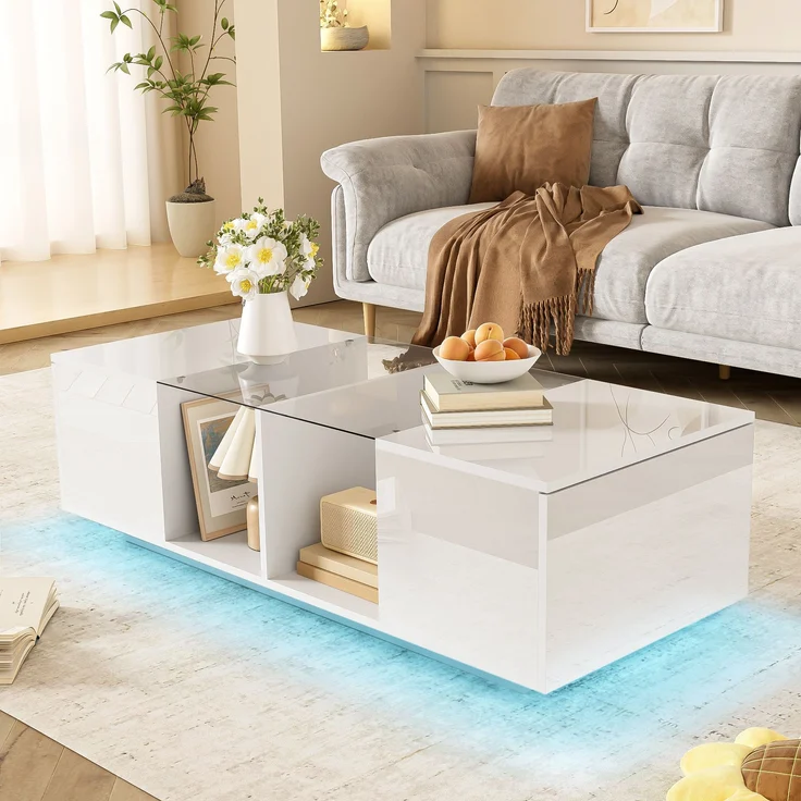 Couchtisch mit Glasplatte & LED-Lichtband, 120x50x38,5 cm, Schwarz – Bild 1
