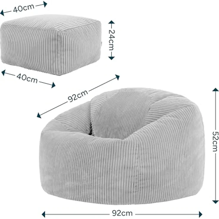Icon Kingston XXL Sitzsack Cord mit Hocker, Dunkelgrau, Sitzsack Erwachsene mit Füllung, Bean Bag, Cord Sessel, Lounge Sessel, Lounge Stuhl, Schlafzimmer, Wohnzimmer, Wohnzimmer Möbel – Bild 4