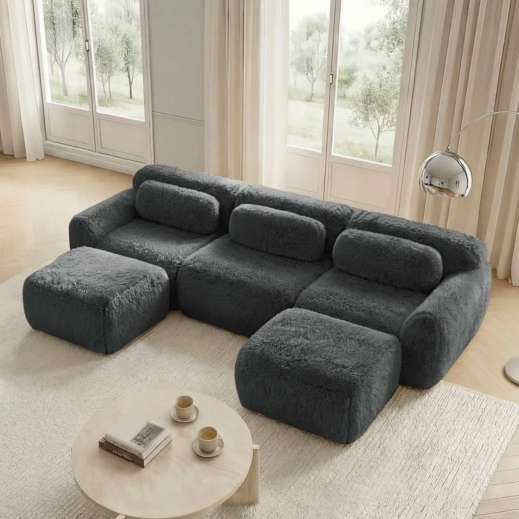 EINHOM U-förmiges modulares Sofa, Plüschstoff, keine Montage, rutschfester Boden, mit Kissen. Ergonomische Unterstützung, hochelastischer Schaumstoff, geeignet für Wohnzimmer, Schlafzimmer, Grau – Bild 4