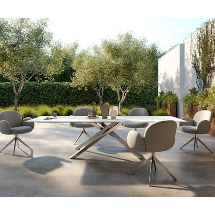 Outdoortisch Edge 300x100 cm Keramik Laminam® Statuarietto Weiß Kreuzgestell Rechteck Edelstahl – Bild 4