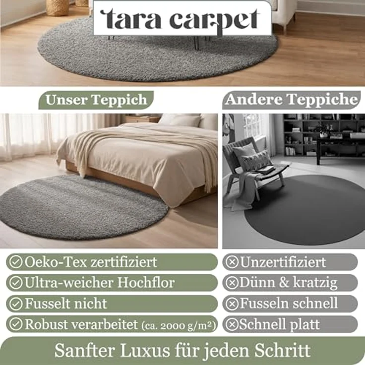 TaraCarpet Langflor-Teppich Venezia Shaggy, rund, Höhe: 35 mm, Hochflor Shaggy Uni Anthrazit Wohnzimmer Schlafzimmer 080x080 cm – Bild 7