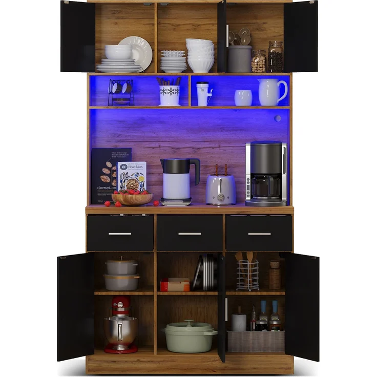 100x40x180cm, multifunktionales Buffet mit LED-Beleuchtung mit APP-Steuerung, Schubladen, verstellbaren Einlegeböden, Kabelführungslöchern und Steckdosen, ideal für Küchen und Esszimmer – Bild 8