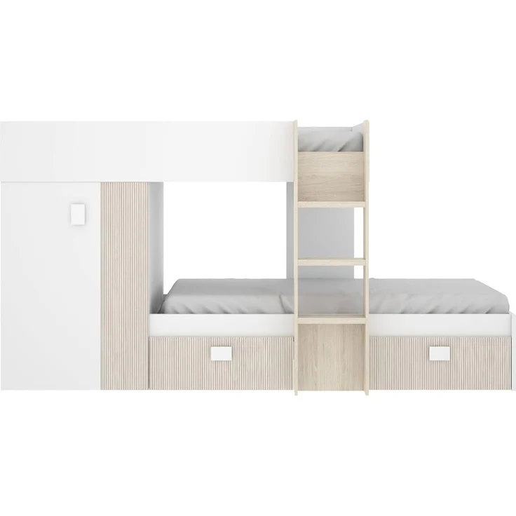 Dmora - Schlafzimmer Cevedale, Komplettes Schlafzimmer, Etagenbettkomposition mit Zwei Einzelbetten, 271 x 111 x 150 cm, Weiß und Eiche – Bild 6