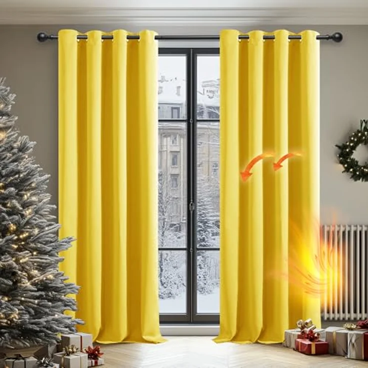Deconovo Blickdichte Gardinen Kälteschutzvorhang Lichtundurchlässige Vorhänge Wohnzimmer, 183x132 cm(HöhexBreite), Senfgelb, 2er Set – Bild 1