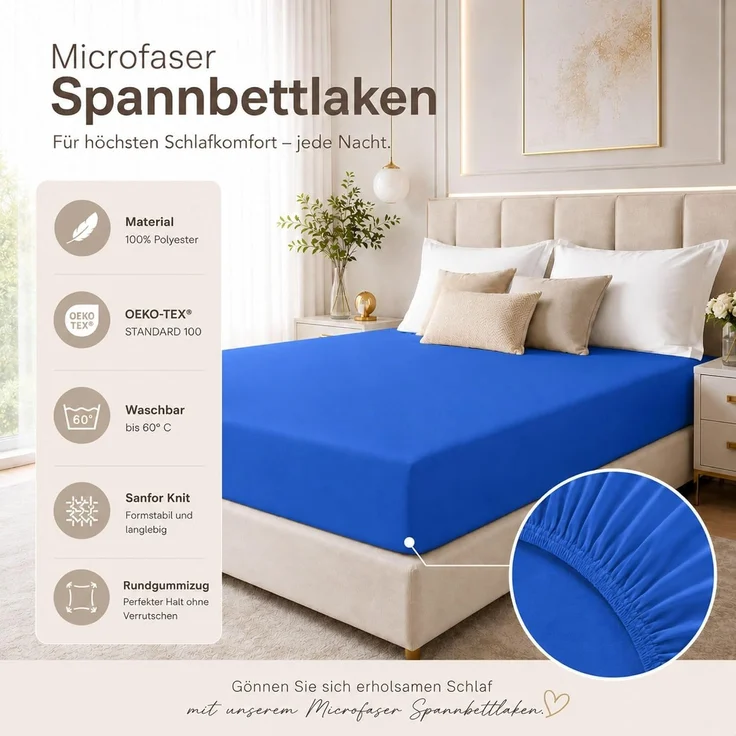 Microfaser Spannbettlaken - Spannbetttuch 120x200 cm – Atmungsaktiv, Knitterfrei & Pflegeleicht – OEKO-TEX Bettlaken mit Rundumgummi - Royalblau – Bild 3