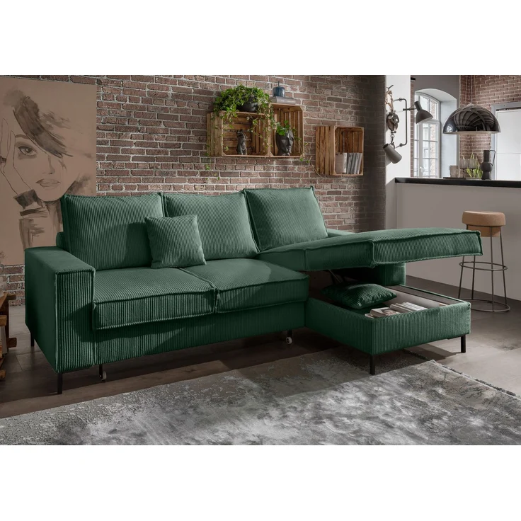 Ecksofa Récamiere Schlaffunktion Bettkasten Couch Polsterecke in Cord Grün – Bild 4