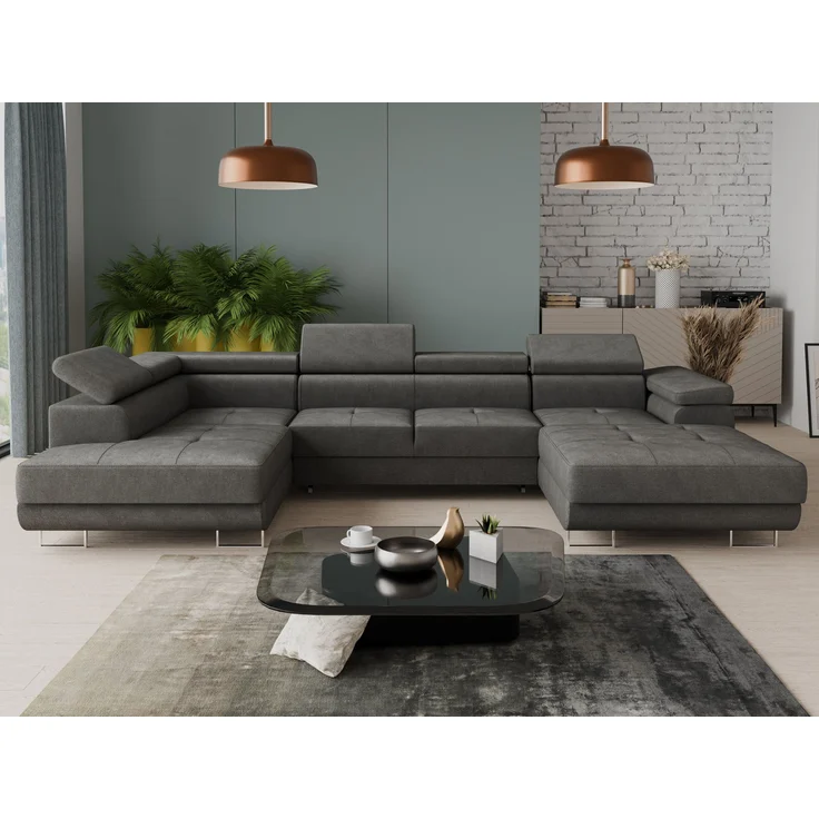Wohnlandschaft Caris U mit Schlaffunktion, einstellbare Kopfstützen und zwei Bettkästen (Graphit (Kronos 22), Ecksofa Rechts) – Bild 1