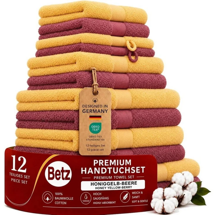 Betz Handtuch Set 12-TLG. Handtuch Set Premium honiggelb/Beere, Baumwolle, (12-tlg) – Bild 1