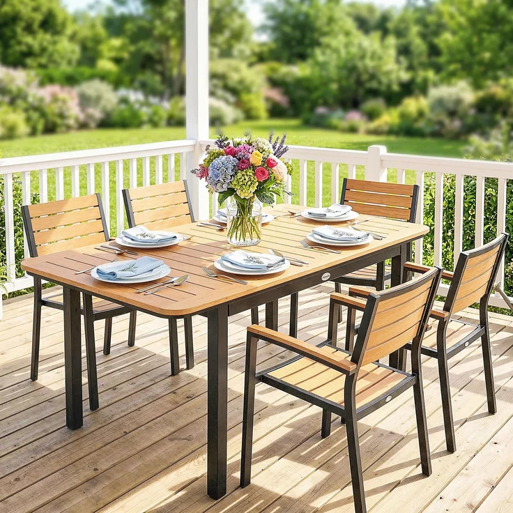Rechteckiger Gartentisch für 6 Personen aus Verbundholz mit Metallgestell und Lattenplatte, 127 x 70 cm, braun – Bild 10