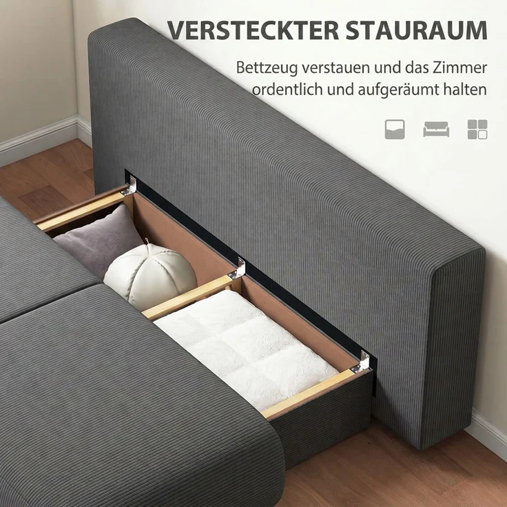 HOMCOM Schlafsofa, Cord (90 % Polyester, 10 % Nylon), Grau, 188 x 100 x 84 cm – Bild 5