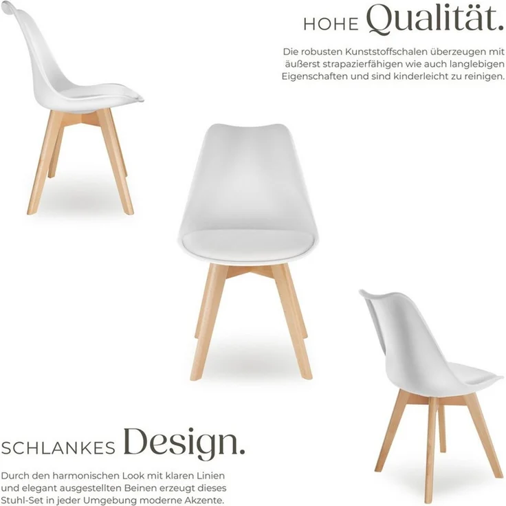 tectake Esszimmerstuhl Küchenstuhl Scandi-Design, gepolsterte Sitzfläche, 49 x 53 x 82 cm (Polsterstuhl Frederikke in weiß, 6 St), ergonomische Form, massive Holzbeine, bodenschonende Filzgleiter – Bild 3