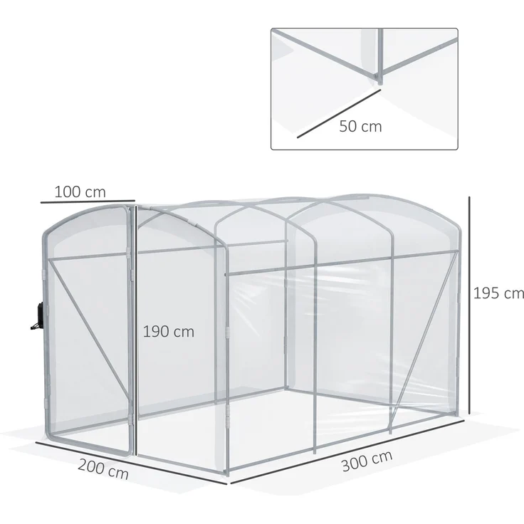 Outsunny Tunnelgewächshaus, PE, verzinktes Stahl, Transparent, 300L x 200B x 195Hcm – Bild 3