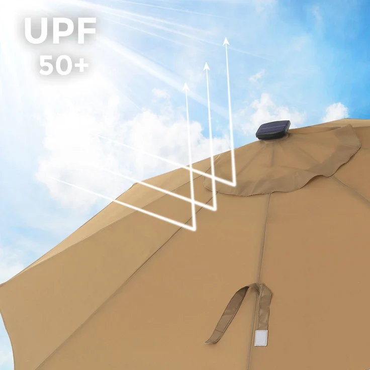 Sonnenschirm mit LED-Solar-Beleuchtung und Kurbel, knickbar, Metall taupe, Ø 3 m – Bild 4