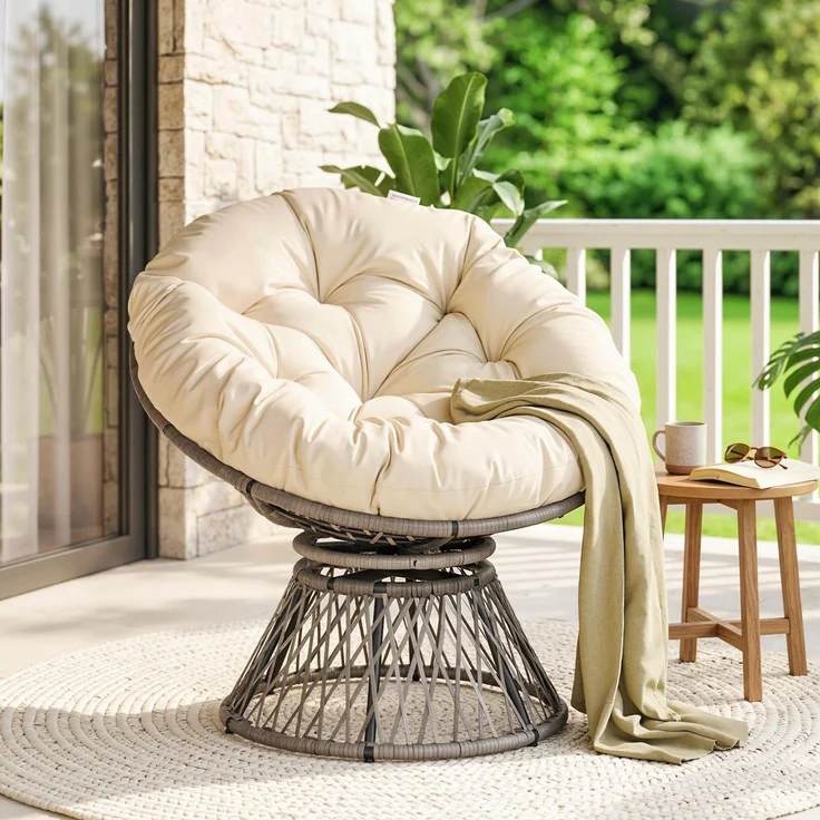 Runder Gartensessel, drehbarer Papasan-Sessel, Ø 97 x 90H cm, großes Kissen im Lieferumfang enthalten, Polyester-Geflecht – Bild 3