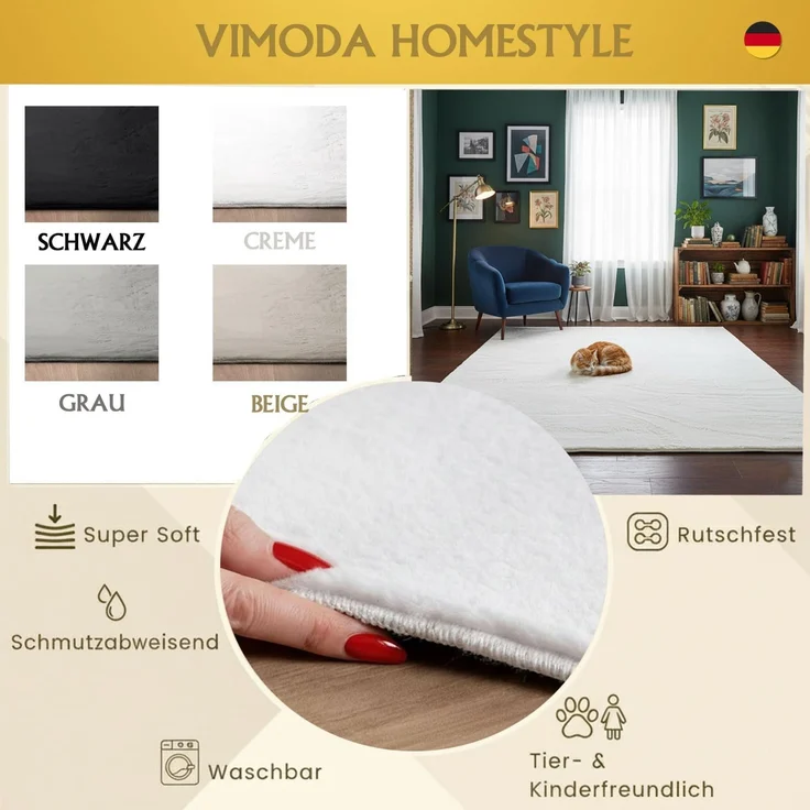 VIMODA Teppich Wohnzimmer Schlafzimmer Flauschig, kurzflorig – waschbar und Fußbodenheizung geeignet,Farbe:Creme;Maße:120x160 cm – Bild 8