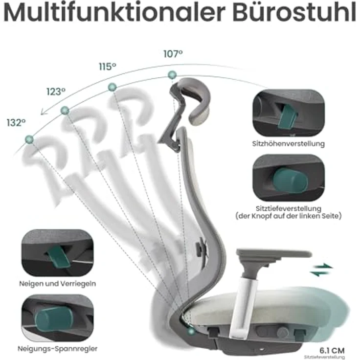COLAMY XK Atlas Ergonomischer Bürostuhl, Netz-Chefsessel mit verstellbarem Kopfstütze, Computer Schreibtischstuhl Drehstuhl mit 4D-Armlehnen, Aluminium Basis/Schiebesitz/Neigungssperre, Hellgrau – Bild 5