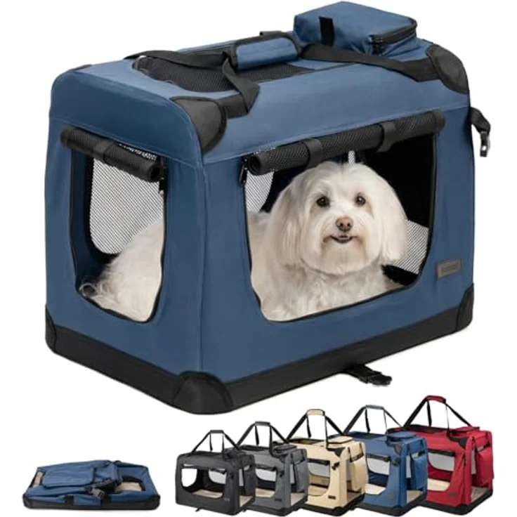 lionto Hundetransportbox, Faltbar, für Reise & Auto, 60x42x44 cm, Blau | Stabile Hundebox aus Stoff mit Netzfenstern, Tragegriffen, weicher Decke & Taschen, für Katzen & Hunde bis 12 kg geeignet – Bild 1