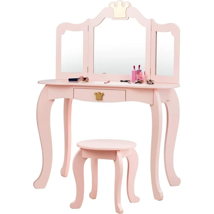 FANTASK Kinderschminktisch aus Holz, Mädchenschminktisch mit Hocker in rosa, Kindertisch mit Schublade & abnehmbarem Spiegel