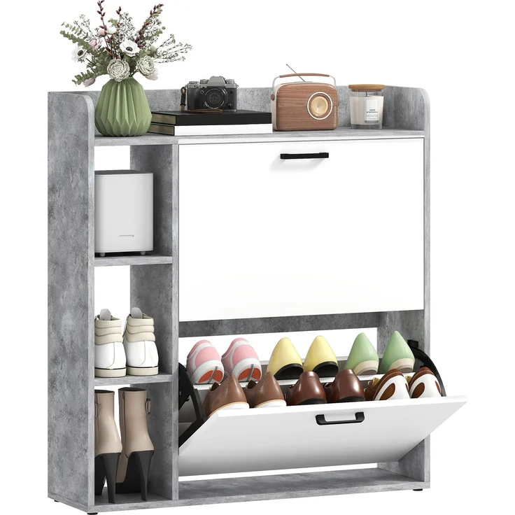 Schuhschrank für 15 Paar Schuhe, moderner Schuhschrank mit 2 Klappschubladen, 83 x 24 x 90,5 cm, weiß und grau – Bild 1