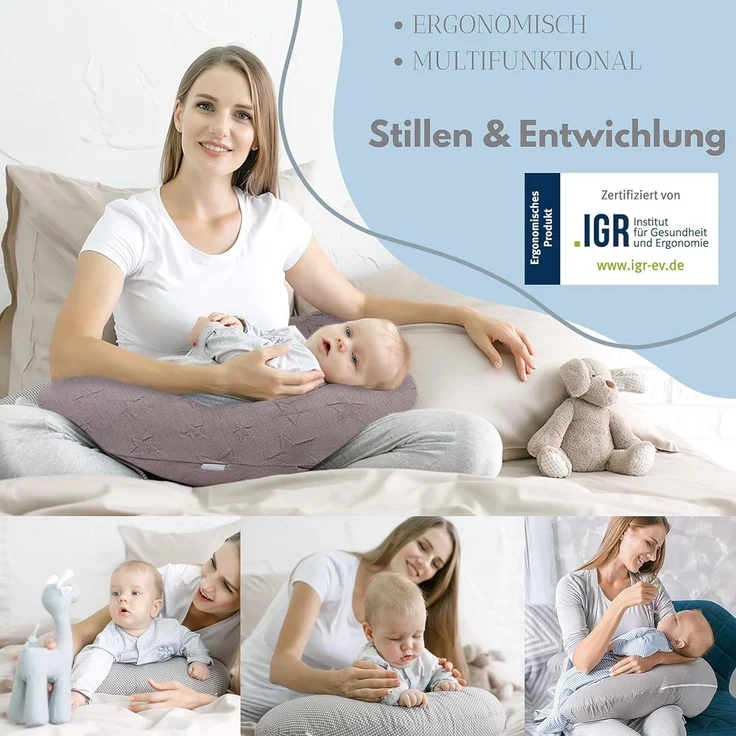 sei Design XXL Stillkissen 190x30 mit gestricktem Bezug, ergonomisch, Schwangerschaftskissen Seitenschläferkissen Komfortkissen für Erwachsene, Stillkissenbezug aus 100% Baumwolle [ Bio-Baumwolle ] – Bild 4