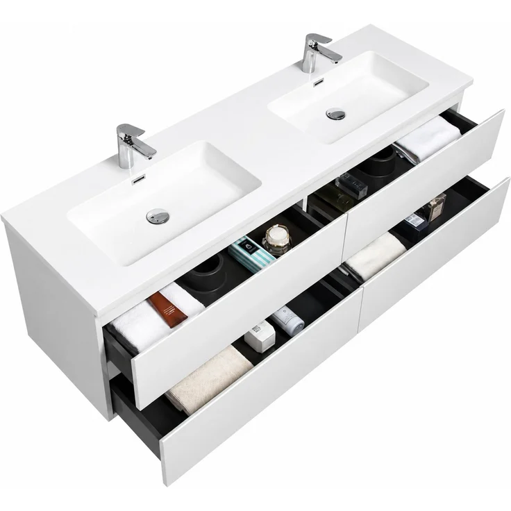 Badplaats Badmöbel Set mit Waschbecken und Unterschrank Angela 160 x 48 cm Weiß Hochglanz - Waschbeckenunterschrank mit Soft-Close und Doppelwaschbecken, Vorgemontiert – Bild 2