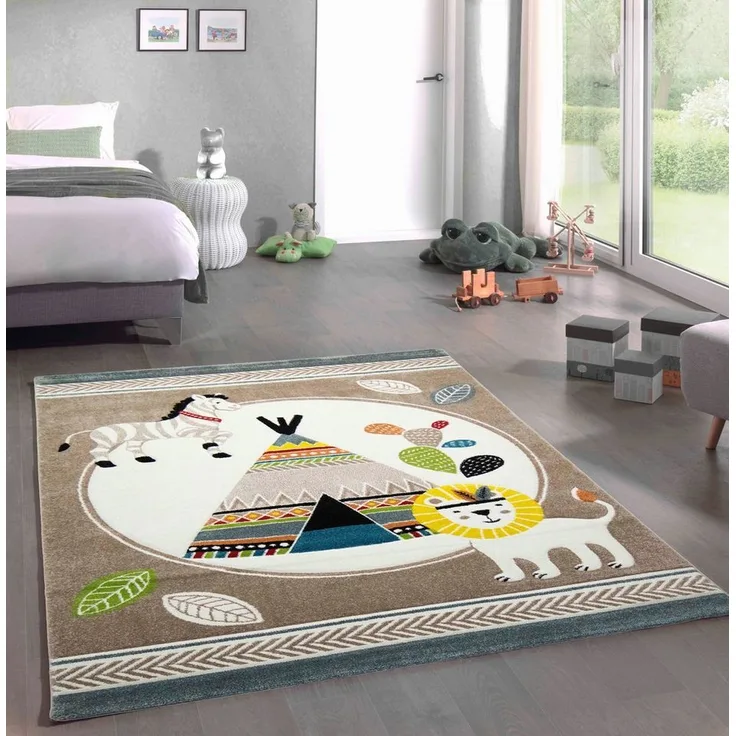 Carpetia Kinderteppich Kinderzimmer Löwe Zelt Kaktus Zebra creme beige blau braun, rechteckig, Höhe: 13 mm