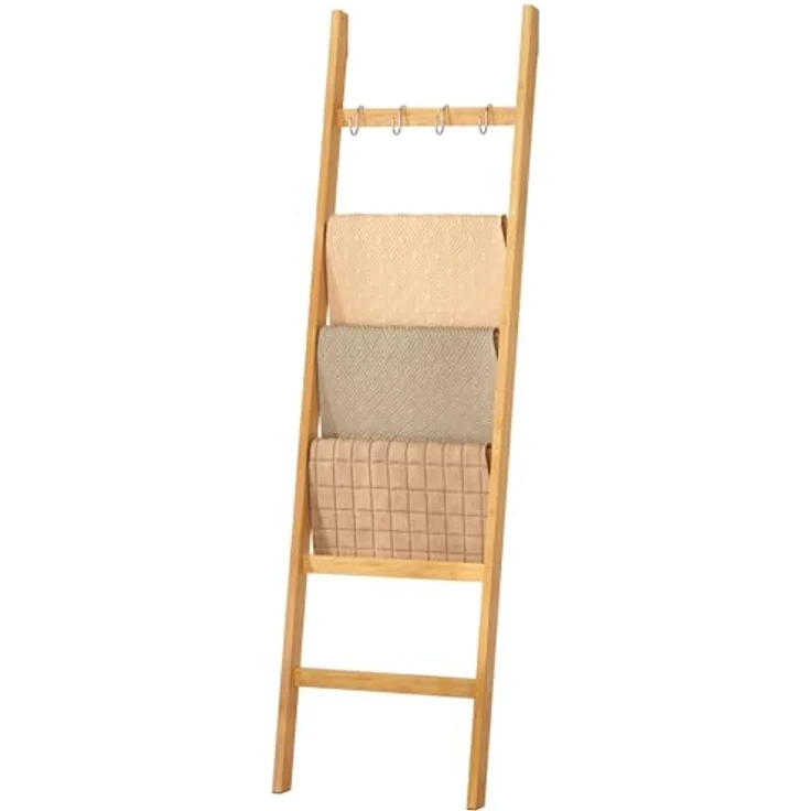 Yorbay Handtuchleiter Handtuchhalter Bambus, 6 Ebenen Leiterregal, 4 Haken und 2 Sicherheitsgurten, 43x170 cm, für Bad, Wohnzimmer – Bild 2